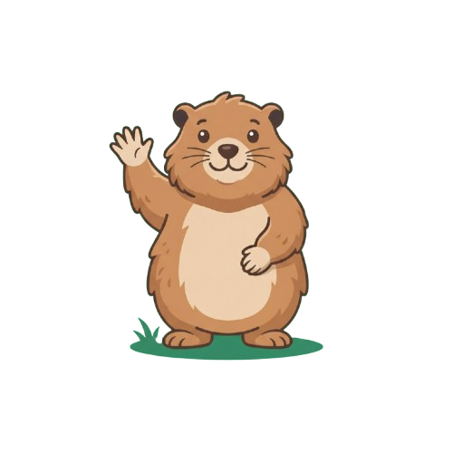 A cheerful cartoon groundhog waving with one paw raised and the other giving a thumbs-up.
