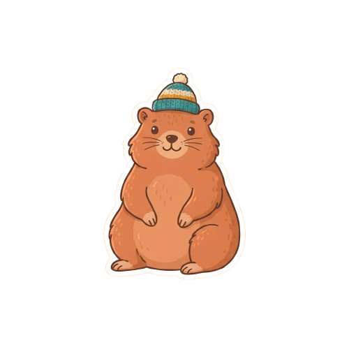 A smiling cartoon groundhog sitting upright and wearing a striped winter hat