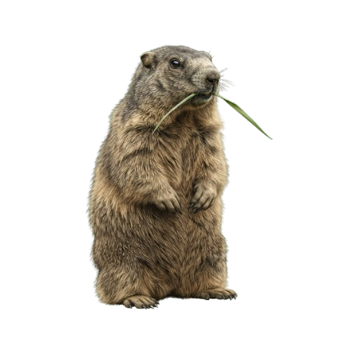 A groundhog standing upright holding a green leafy plant in its mouth