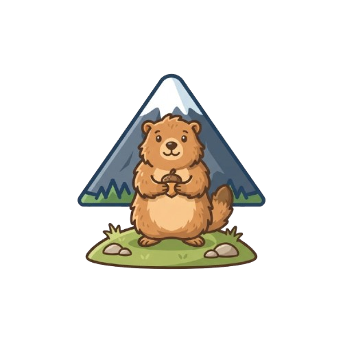 A cartoon groundhog sitting on grass inside a triangular frame, holding food in its paws, with a mountain in the background