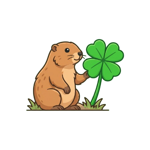 A cartoon groundhog sitting and holding a green four-leaf clover.