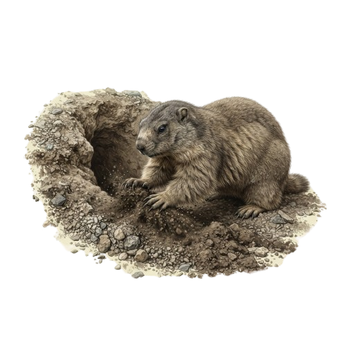 A marmot sitting at the entrance of a rocky burrow with textured surroundings