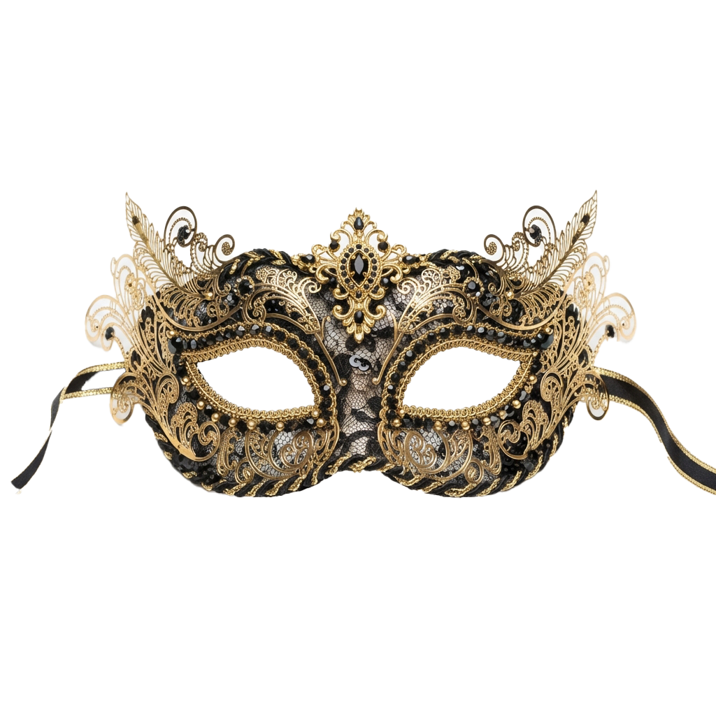Decorative gold and black Venetian-style mask with ornate patterns and feather-like embellishments