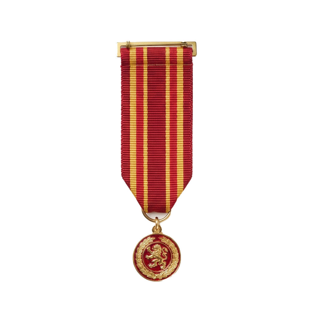 Gold medal with lion emblem on a red and yellow striped ribbon