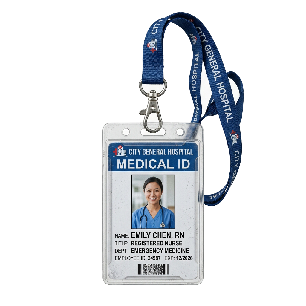 Medical ID badge on a lanyard for a registered nurse from a city hospital, showing name, title, department, and employee ID