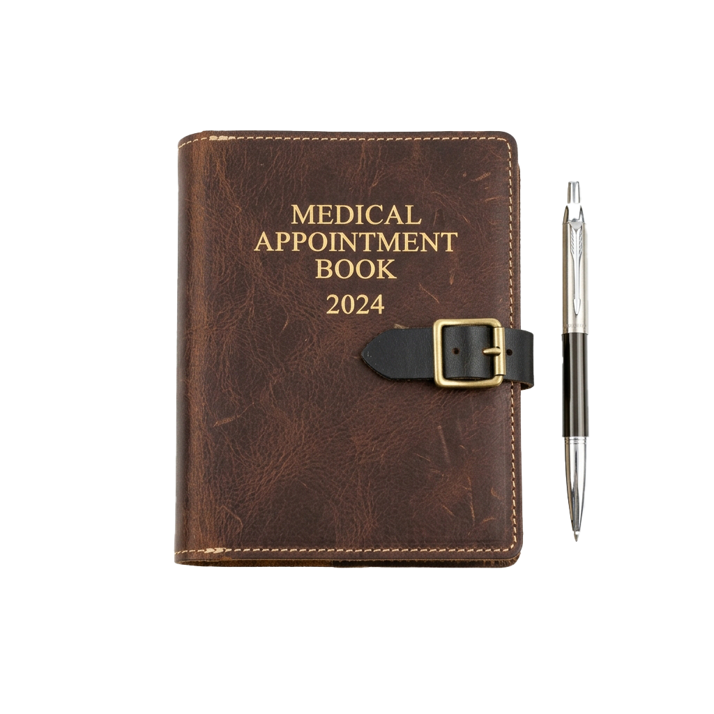 Brown leather medical appointment book labeled 2024 with a pen beside it