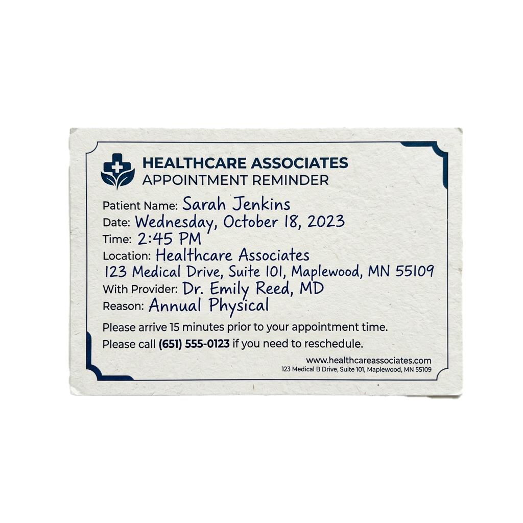 Appointment reminder card for a healthcare visit showing date, time, location, and provider details