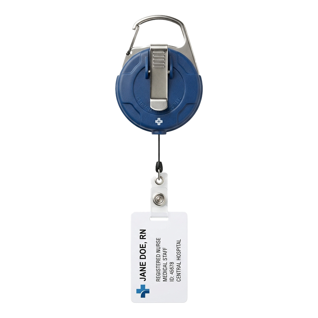 Blue medical badge reel with attached white ID card labeled Registered Nurse and Medical Staff