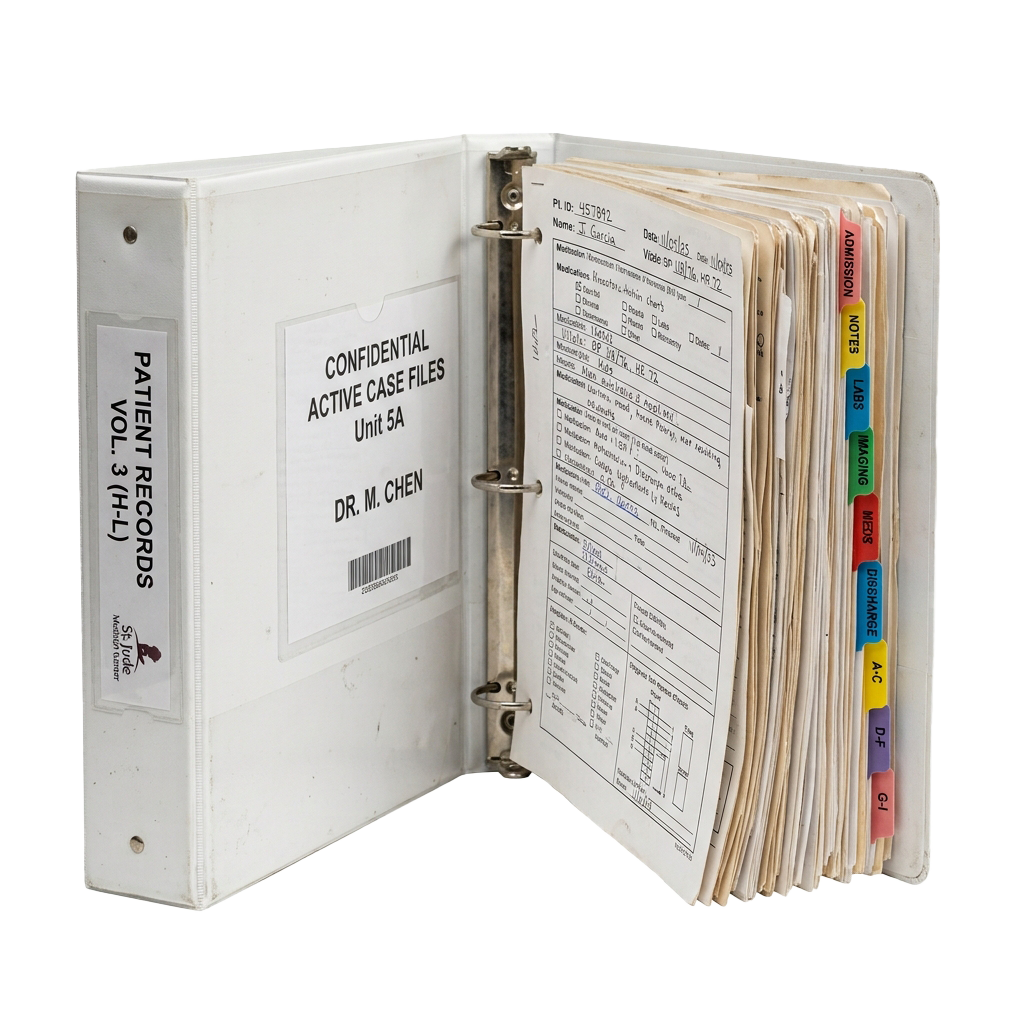 Open binder showing medical patient records with labeled file tabs and forms inside