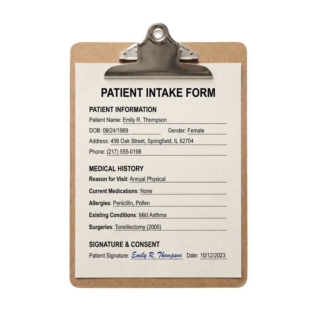 Clipboard displaying a completed patient intake form with personal and medical details