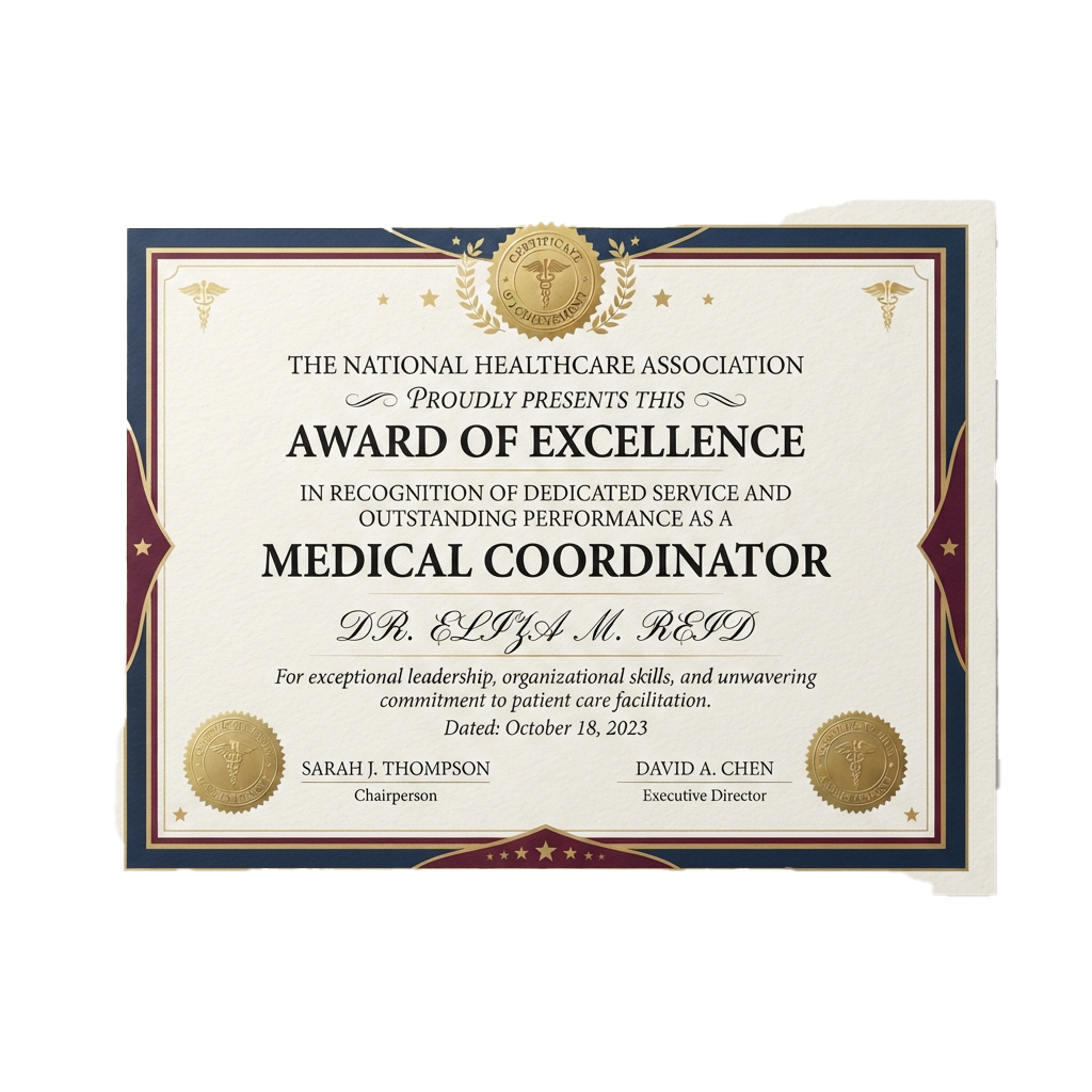 Certificate awarding excellence to a medical coordinator from the National Healthcare Association