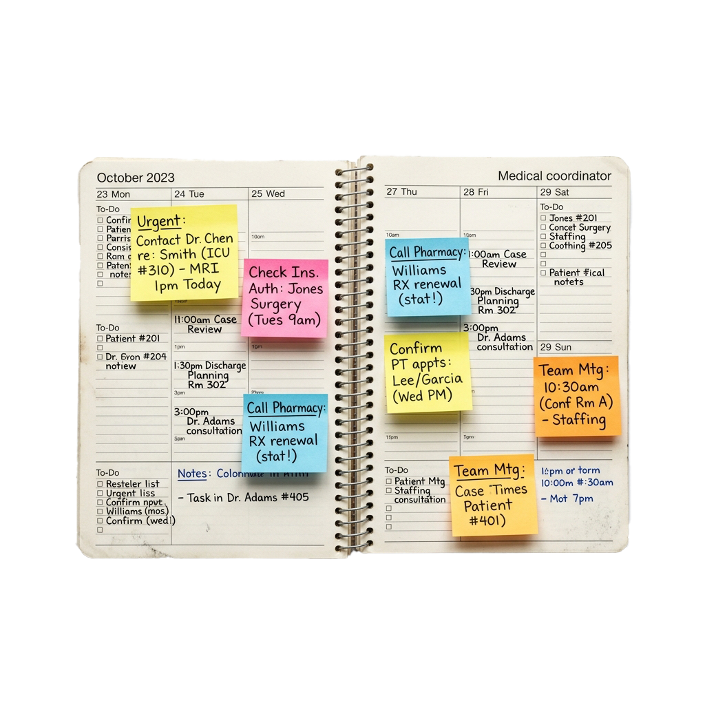 A calendar page for October 2023 with sticky notes marking medical tasks and appointments for a coordinator