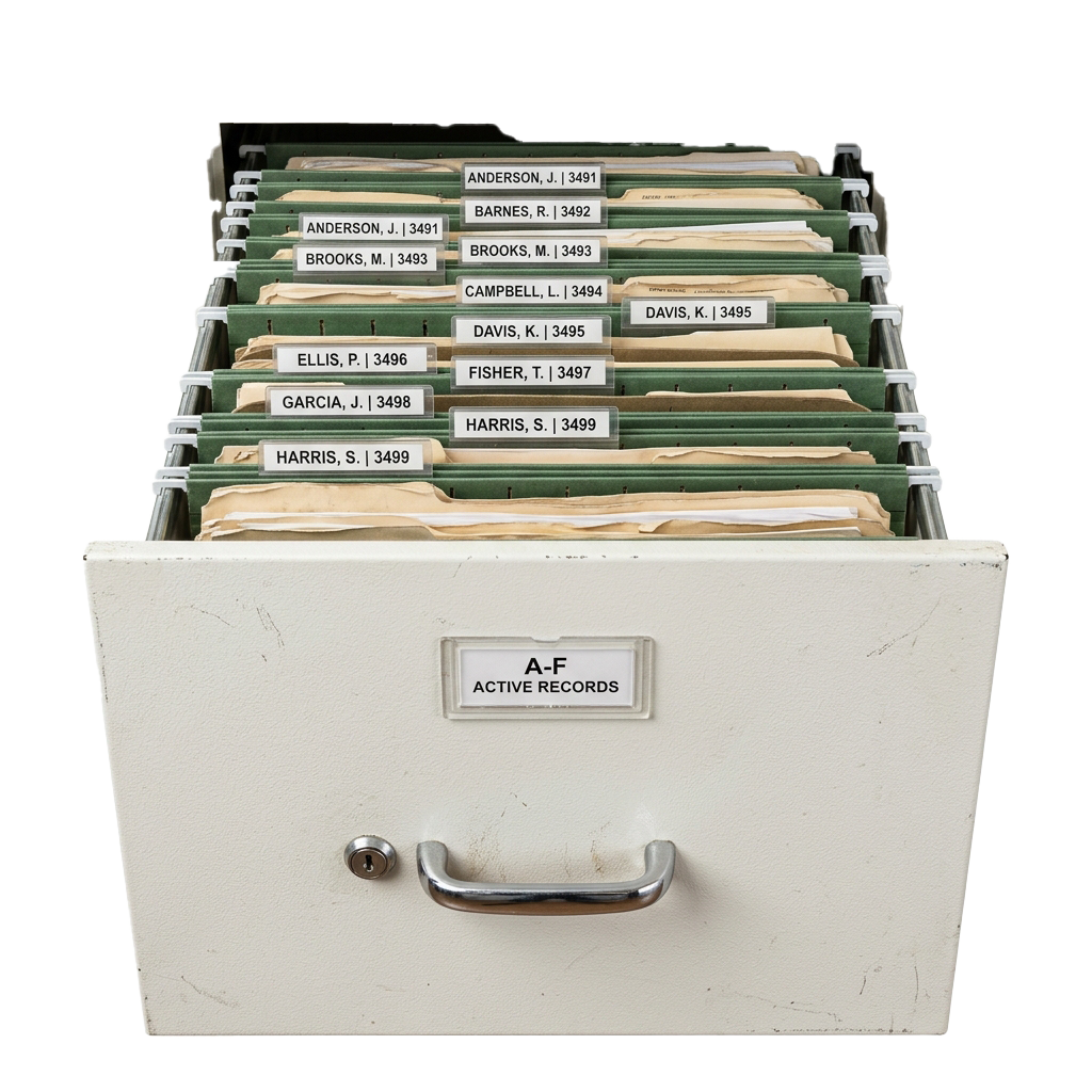 A white filing cabinet drawer labeled A-F Active Records containing green file folders with names and numbers
