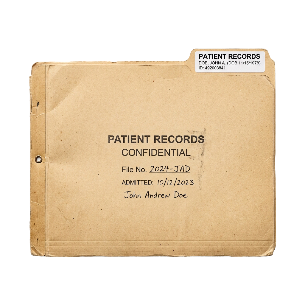 A vintage-style folder labeled Patient Records Confidential with patient name, file number, and admission date