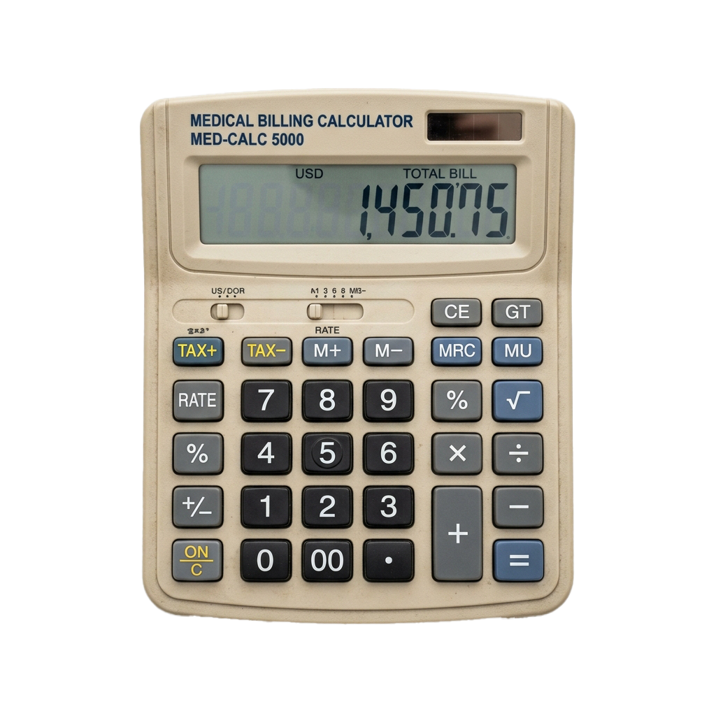 Medical billing calculator showing USD 186.75 and total bill 145.075