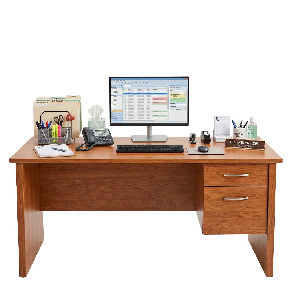 A wooden medical office desk with computer, phone, folders, stationery, and hand sanitizer