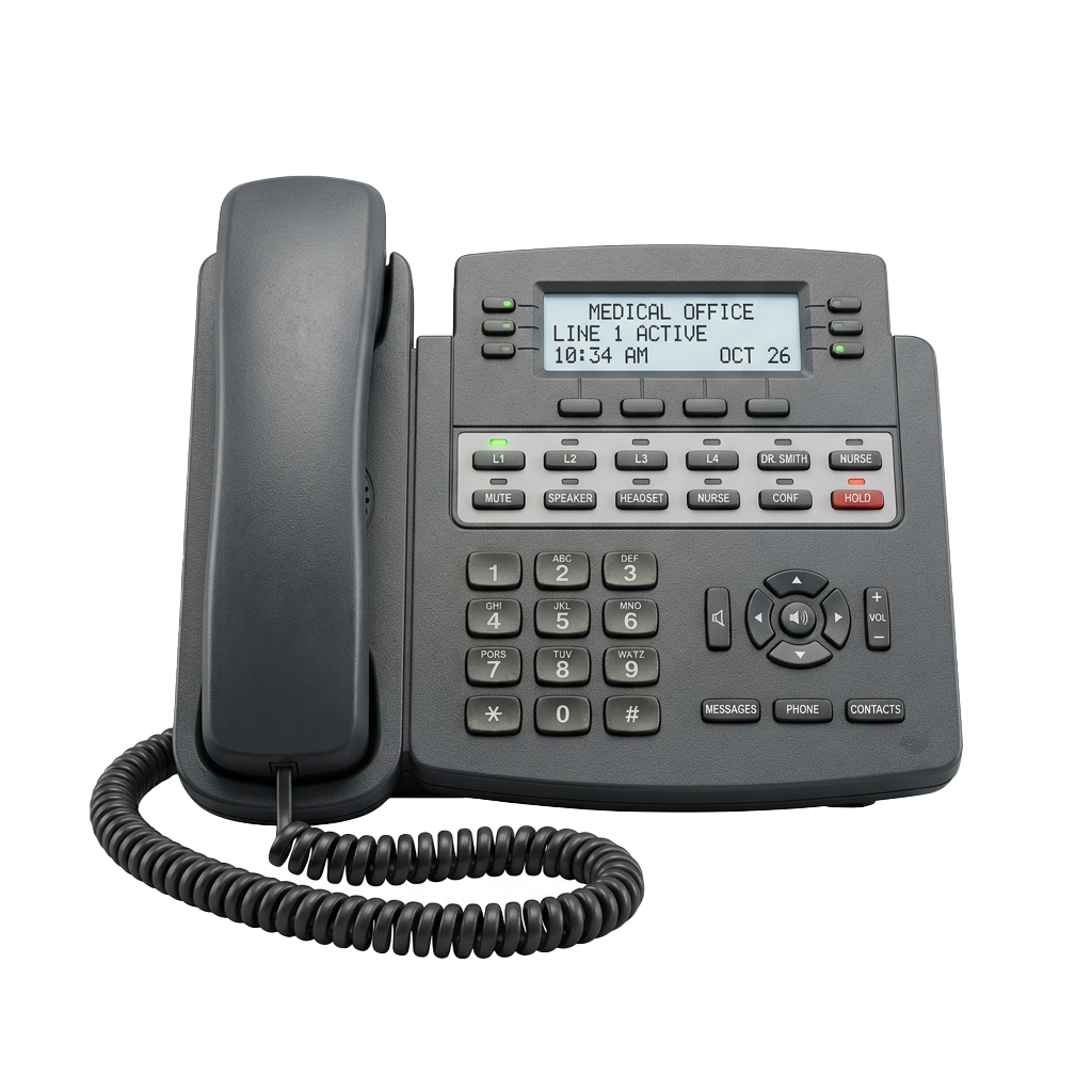 Black office phone showing active line display with time and date, featuring a handset and various function buttons