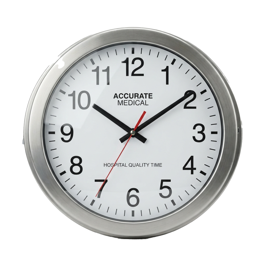Analog wall clock showing time 2:17 with black and red hands, labeled Accurate Medical and Hospital Quality Time