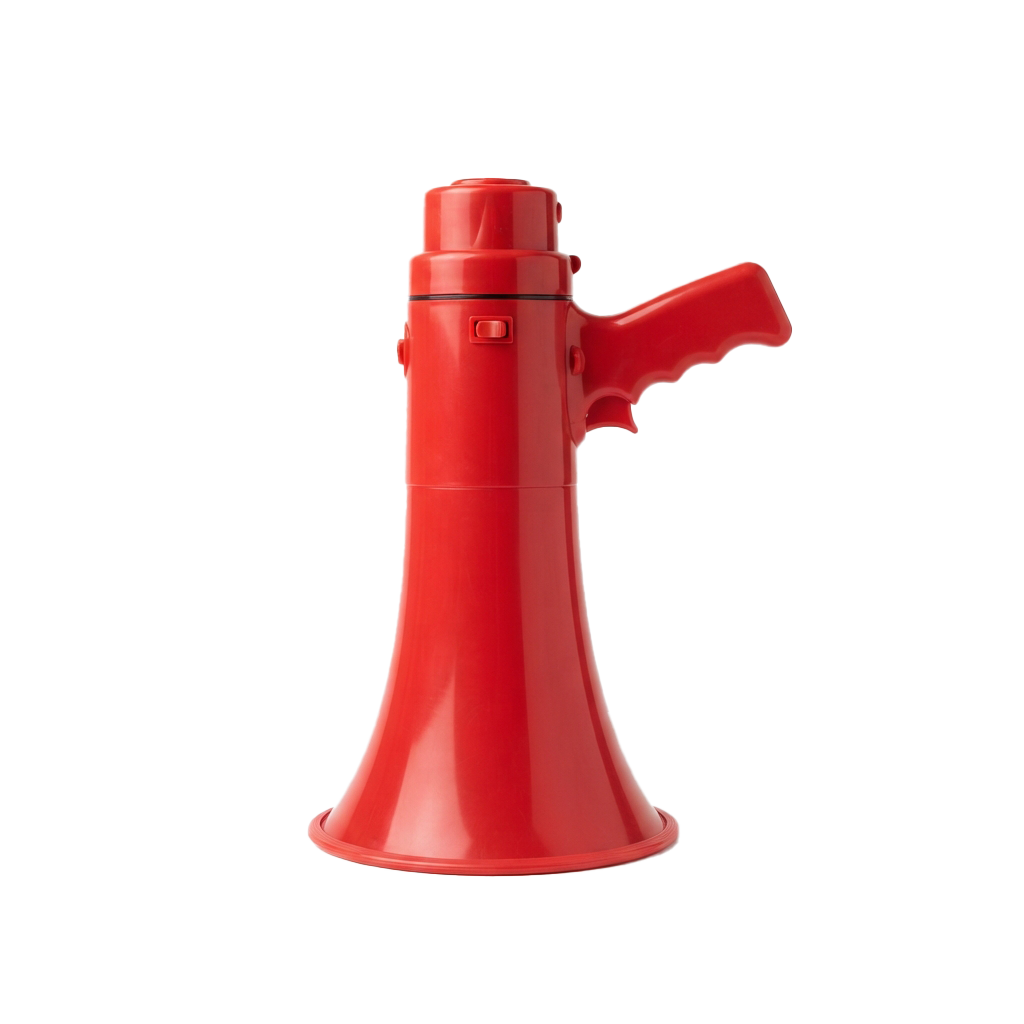 A red plastic bullhorn megaphone with a pistol grip handle and a black button on the side