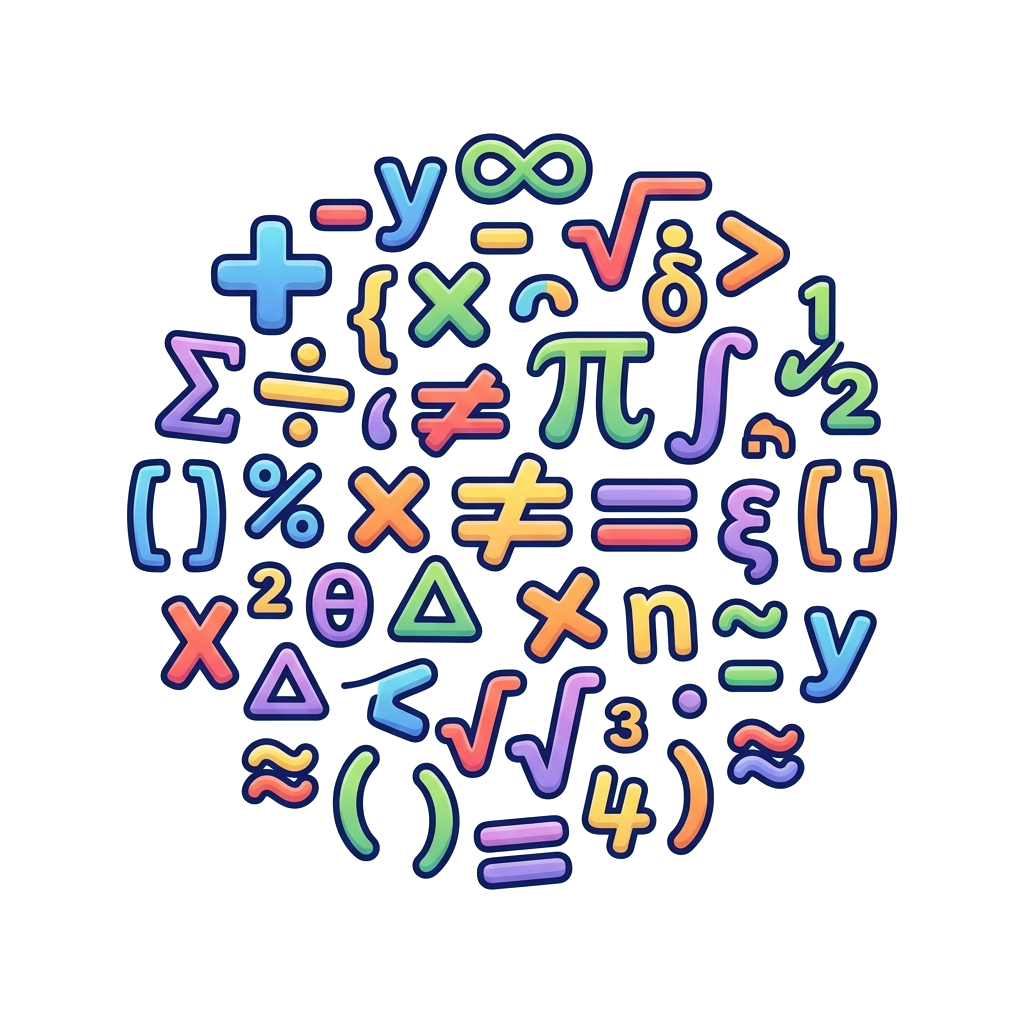 A vibrant cluster of colorful mathematical symbols on a dark background