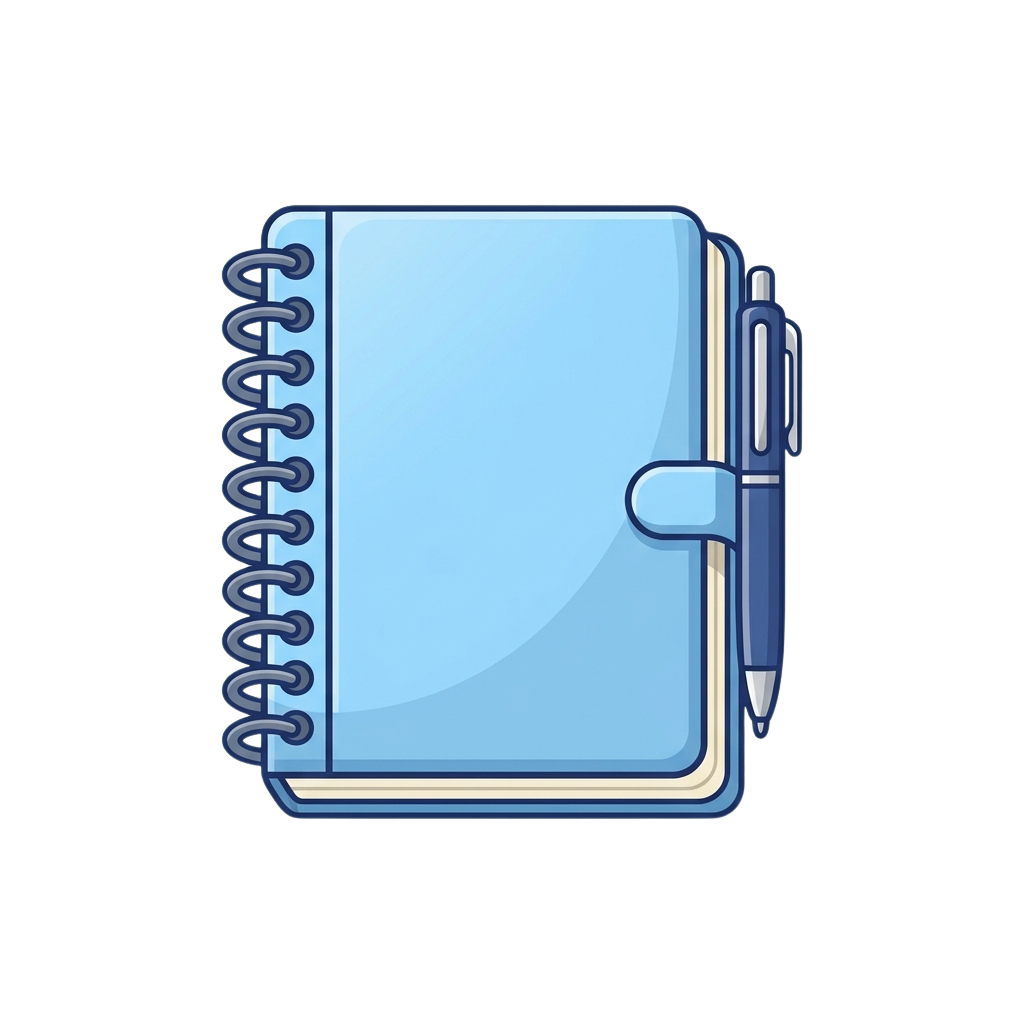 A blue spiral-bound notebook with a matching pen clipped to the side.