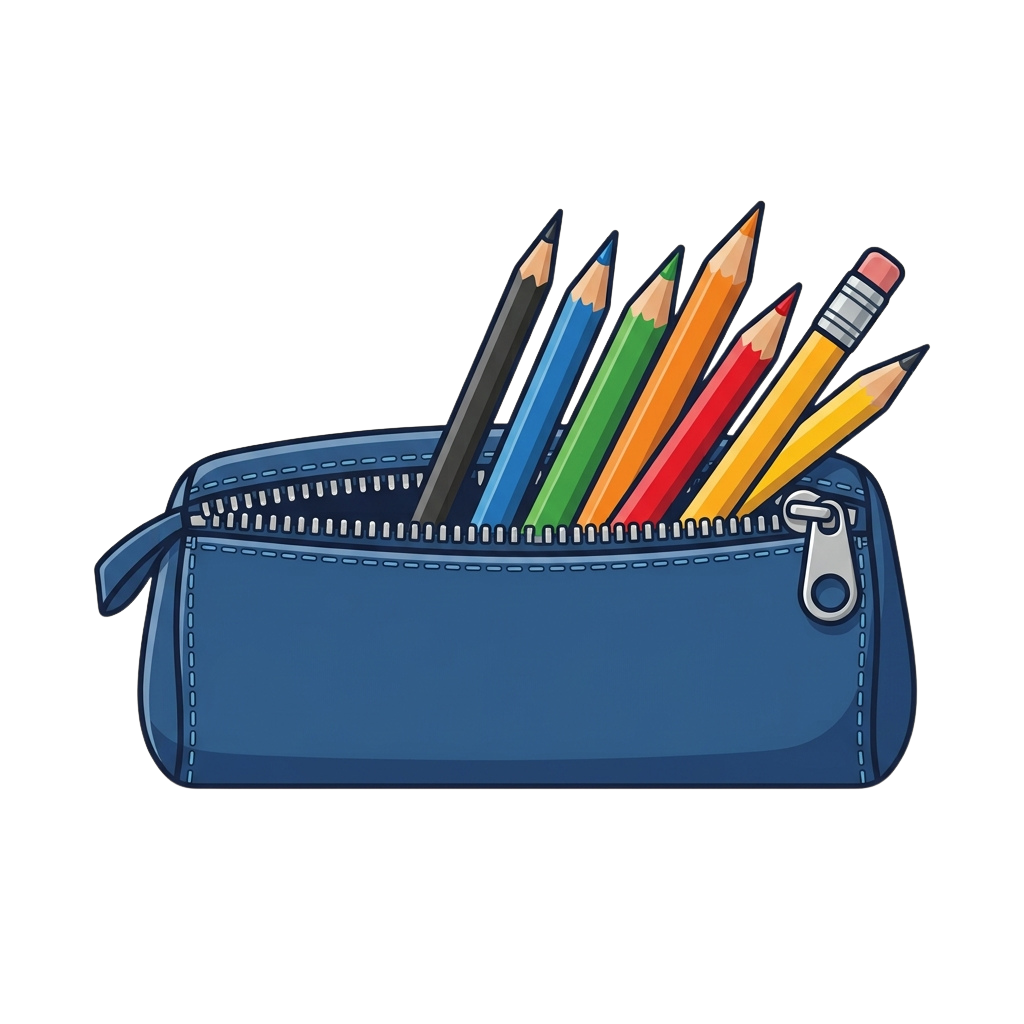 A blue pencil case with a zipper filled with six colored pencils and one white eraser