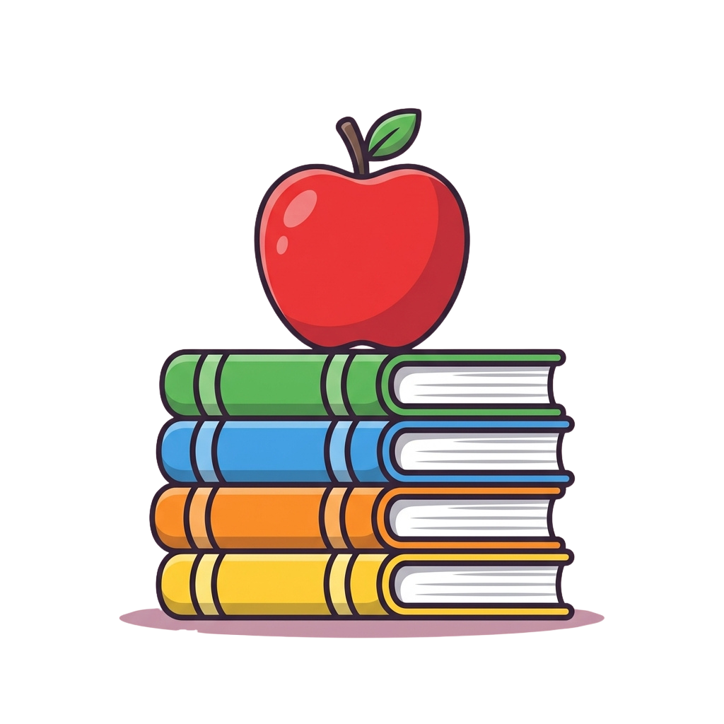 A red apple sits atop a stack of four colorful books in green, blue, orange, and yellow.