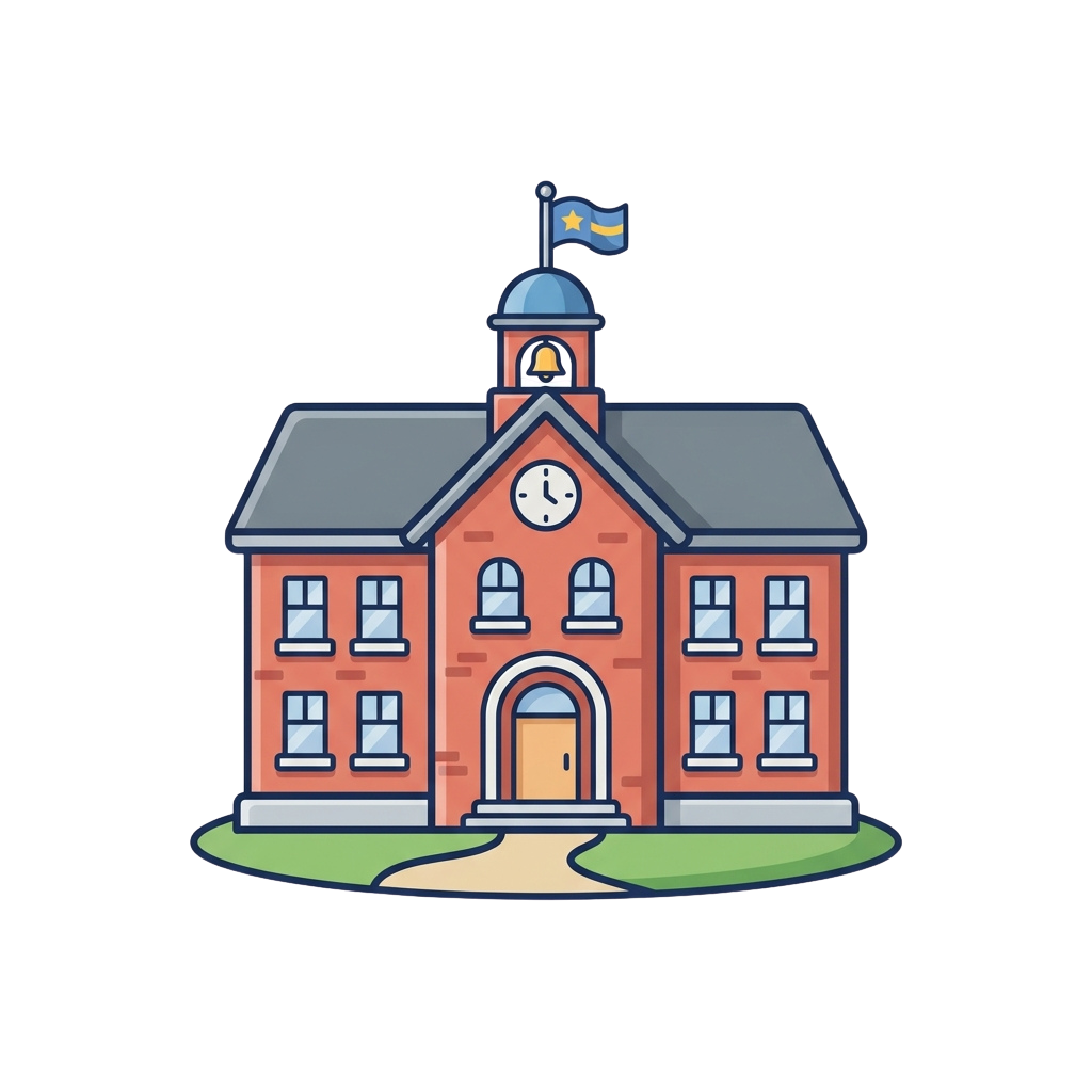 A cartoon-style school building with a clock tower, bell, and flag waving atop the roof
