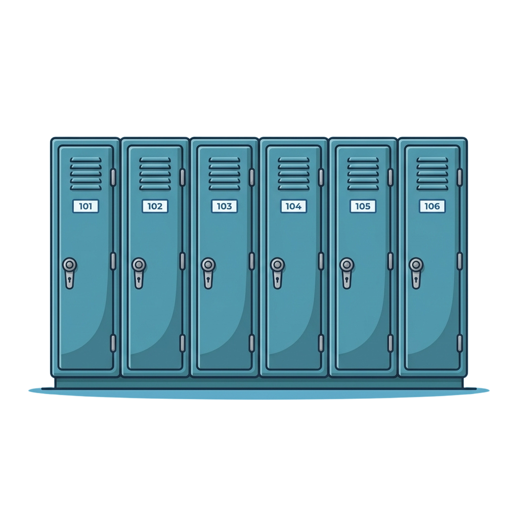 Six blue school lockers in a row, each labeled with numbers 101 to 106