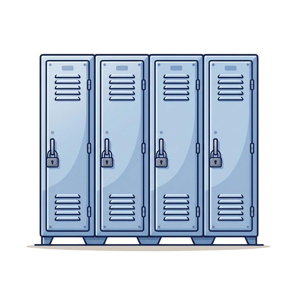 Four blue school lockers with combination locks and ventilation slats standing side by side