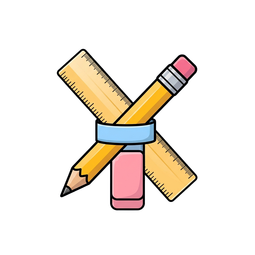 Illustration of a pencil, eraser, and ruler tied together with a blue ribbon.