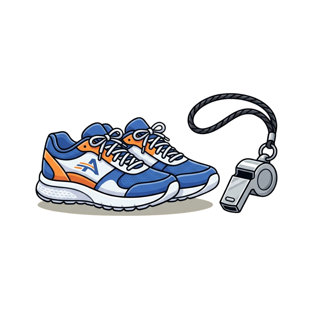 Illustration of blue and orange athletic shoes with a whistle attached by a leash
