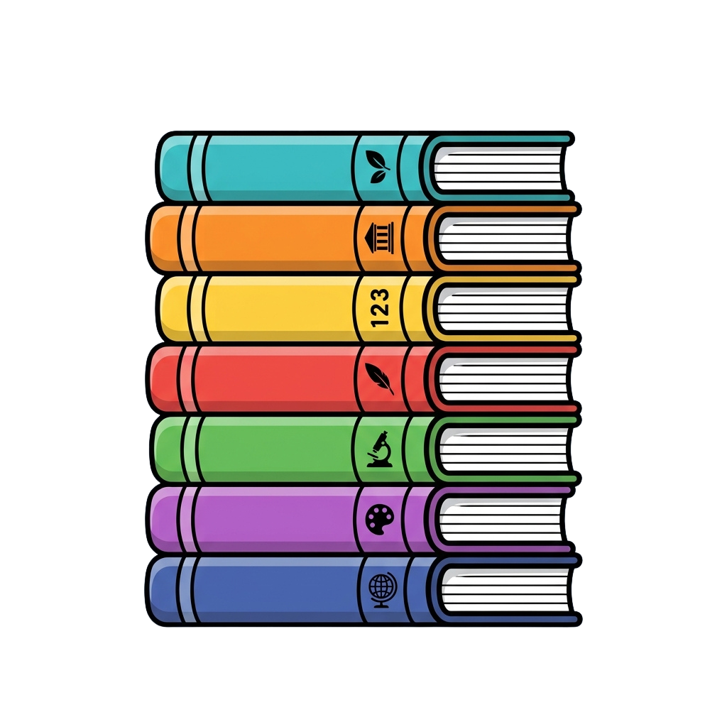 Seven colorful books stacked vertically with different icons on their spines