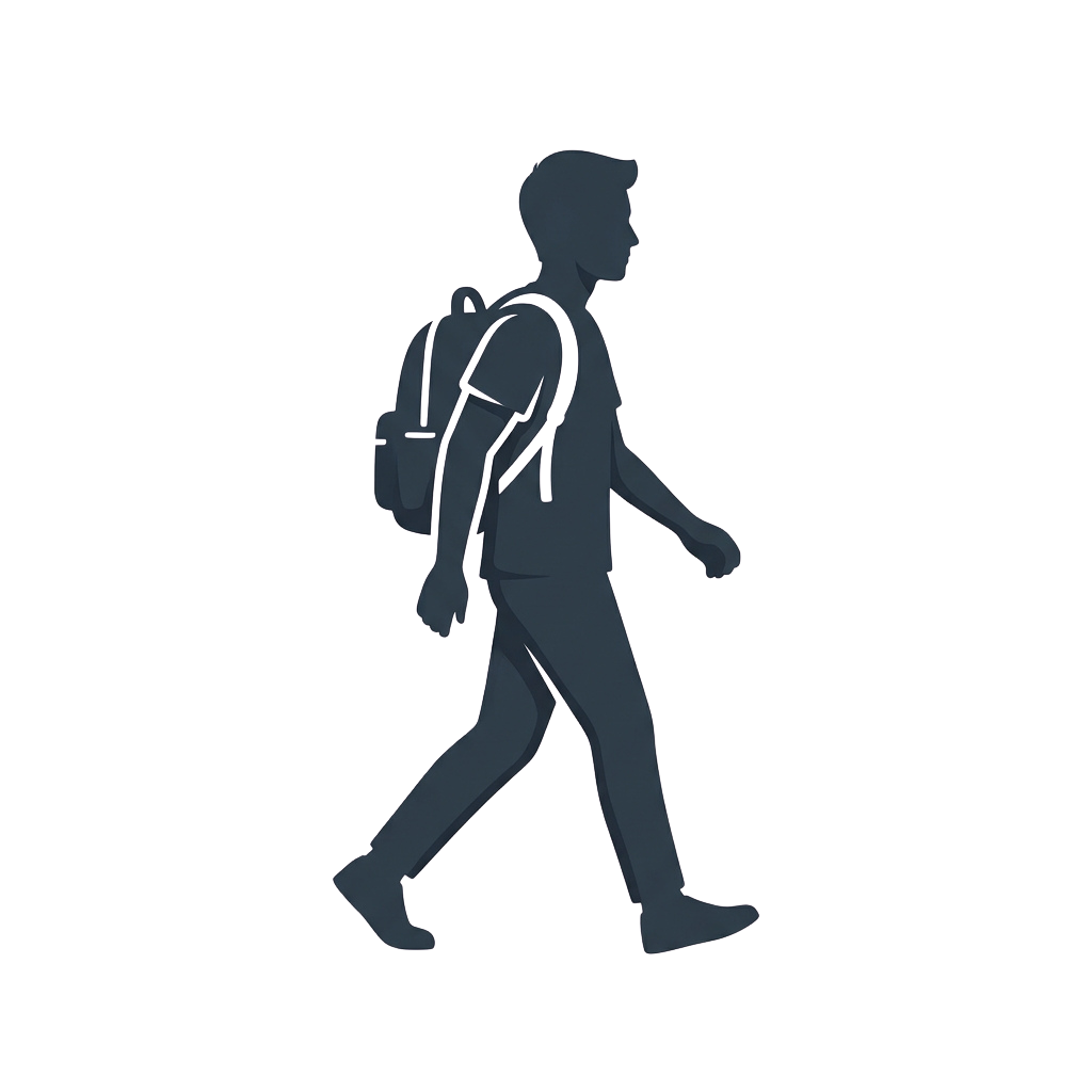 Silhouette of a person walking forward carrying a backpack against a dark background