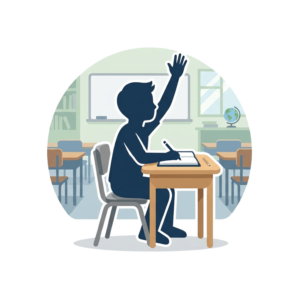 A student sitting at a desk in a classroom raising one hand to ask or answer a question