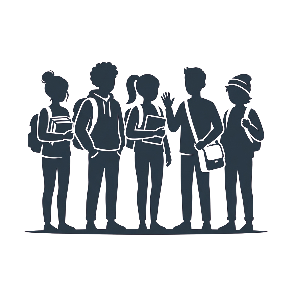 Five student silhouettes standing close together, some carrying backpacks and books.