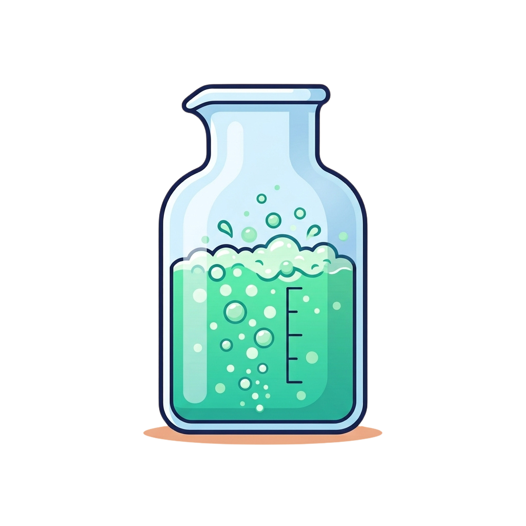 Illustration of a clear flask containing green bubbly liquid with bubbles rising to the surface