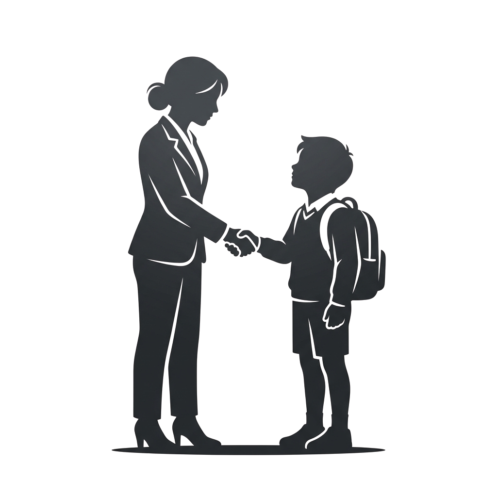 A woman in business attire shaking hands with a young boy wearing a backpack