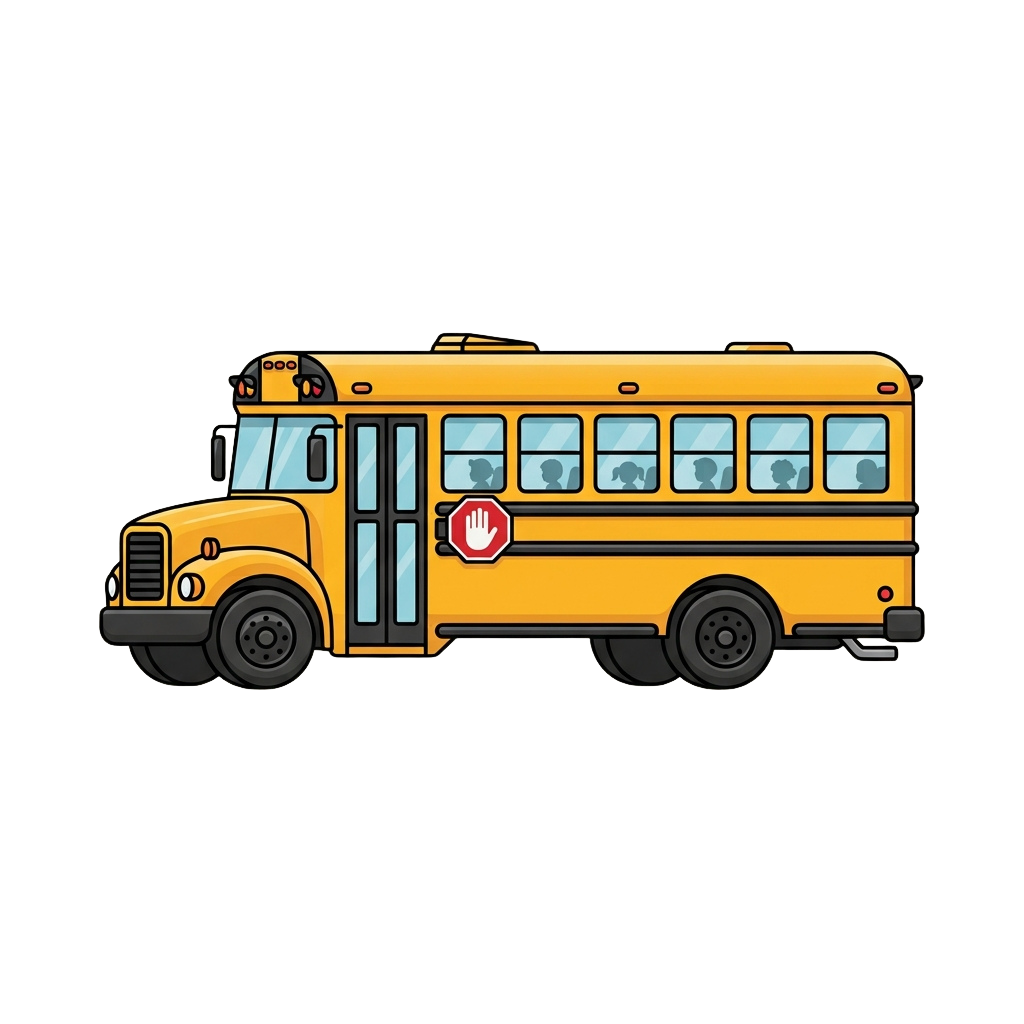 Illustration of a yellow school bus with a stop sign emblem on the side