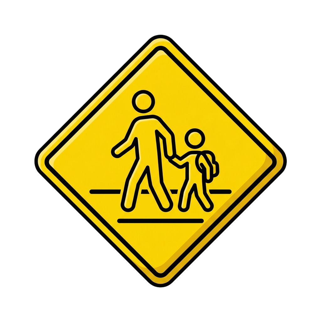 Yellow diamond warning sign showing an adult holding a child’s hand crossing a street