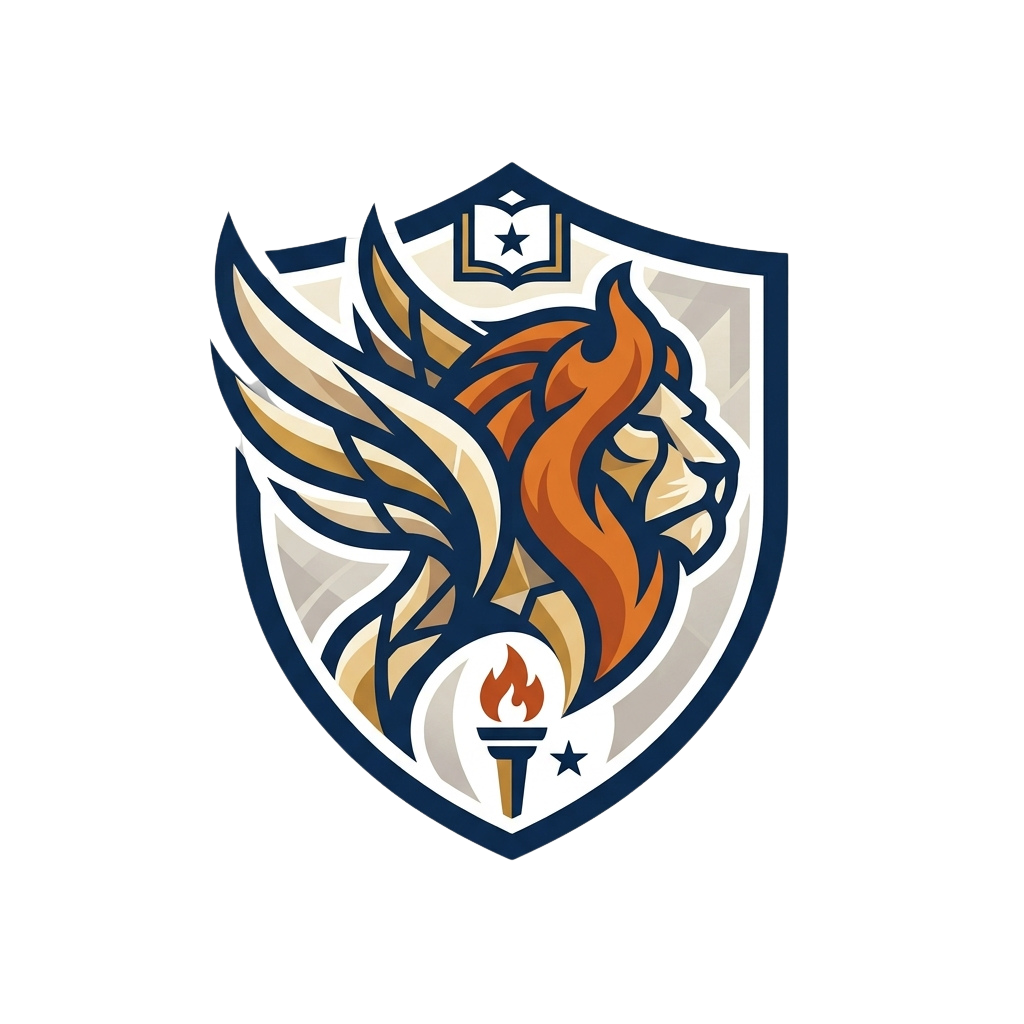 A shield featuring a lion head with wings, a torch, and a book emblem in the background