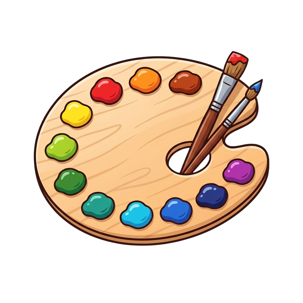 Illustration of a wooden paint palette with twelve colorful paint blobs and a paintbrush