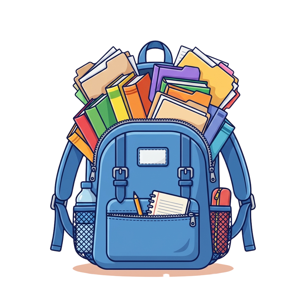 Illustration of a blue backpack filled with books, notebooks, folders, a pencil, and a water bottle