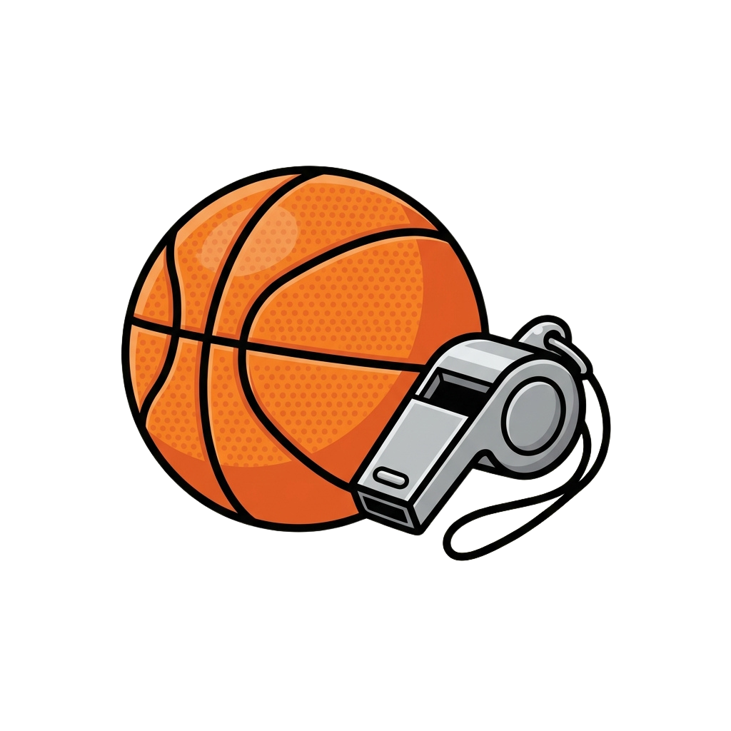 An orange basketball next to a gray whistle on a black background