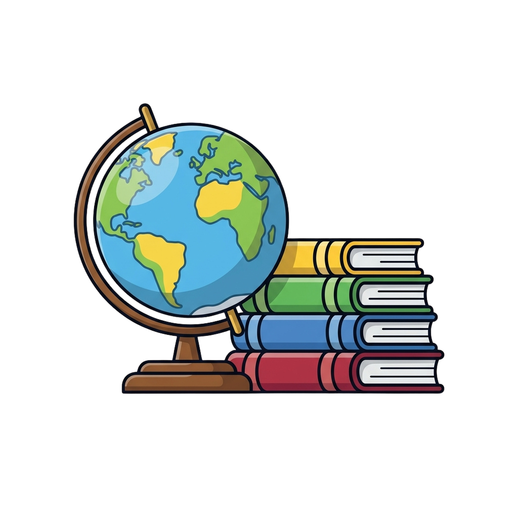 Illustration of a globe next to a stack of colorful books on a dark background