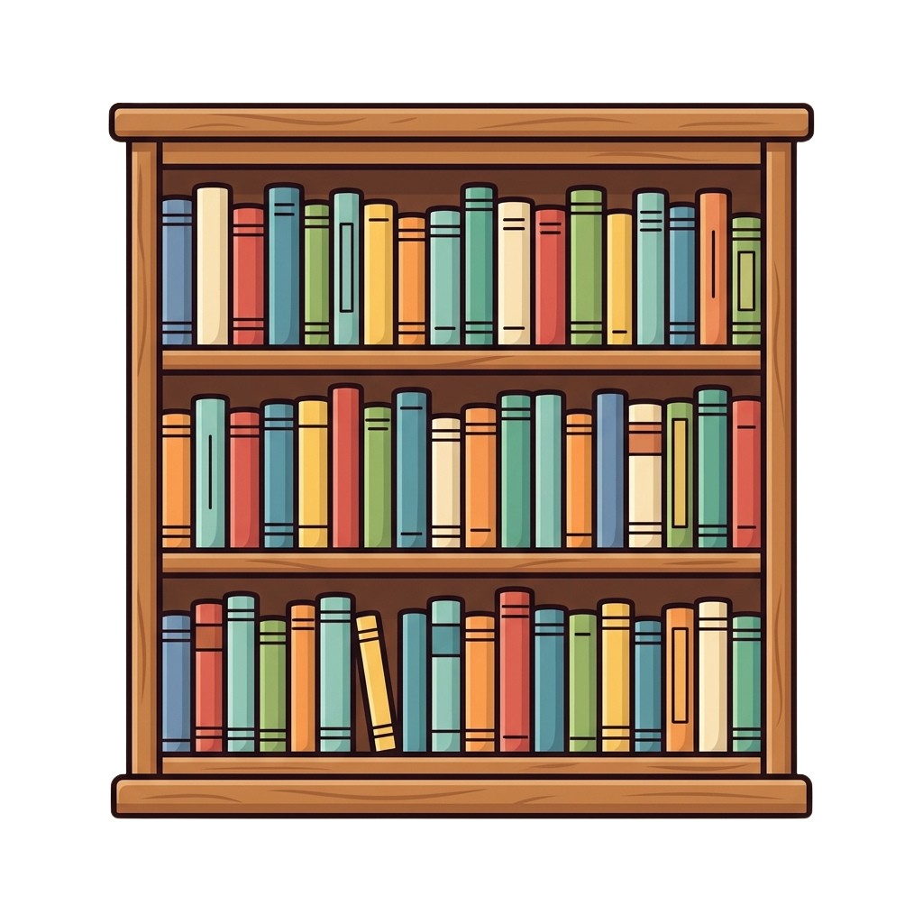 Illustration of a wooden bookshelf filled with colorful books arranged on three shelves