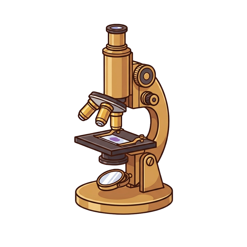 Illustration of a vintage-style microscope with two eyepieces and a circular base.