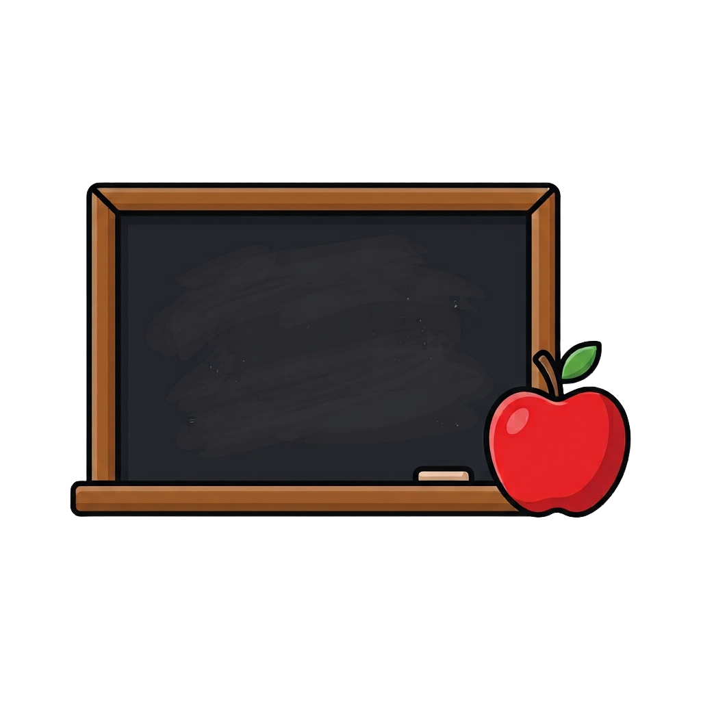 A blackboard with a wooden frame and an apple icon with green leaves on the right side