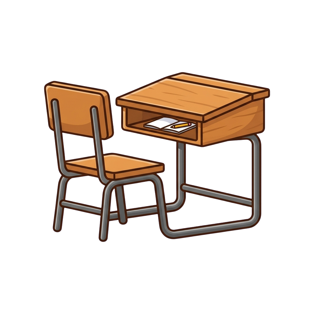 Illustration of a wooden school desk with attached chair, showing a pencil and notebook in the drawer