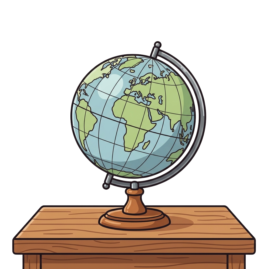 A cartoon-style globe on a wooden stand with Europe centered, placed on a wooden table.